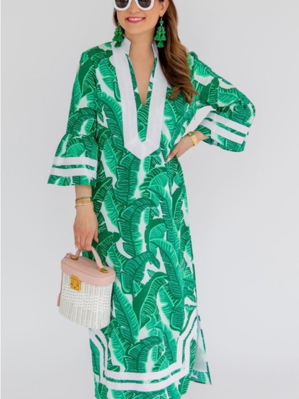 Green Palm-Print Midi Dress with Pink Trim STS Caftan - Picture 2 of 4